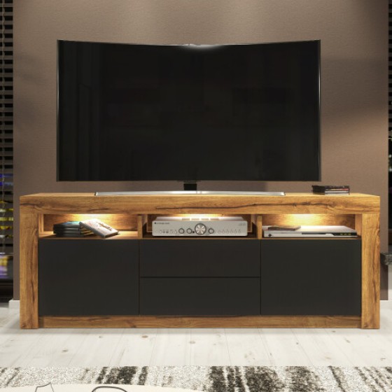 Shine 160cm TV Unit LED - Oak & Black Matt Doors
